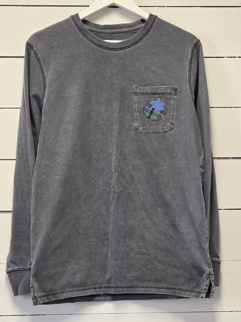Goodfellow & Co Washed Gray Long-Sleeve Pocket Tee with Plaid Patch